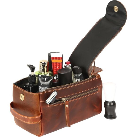 Unisex Orange Tan Premium Buffalo Leather Toiletry Bag Travel Shaving kit - Picture 5 of 10